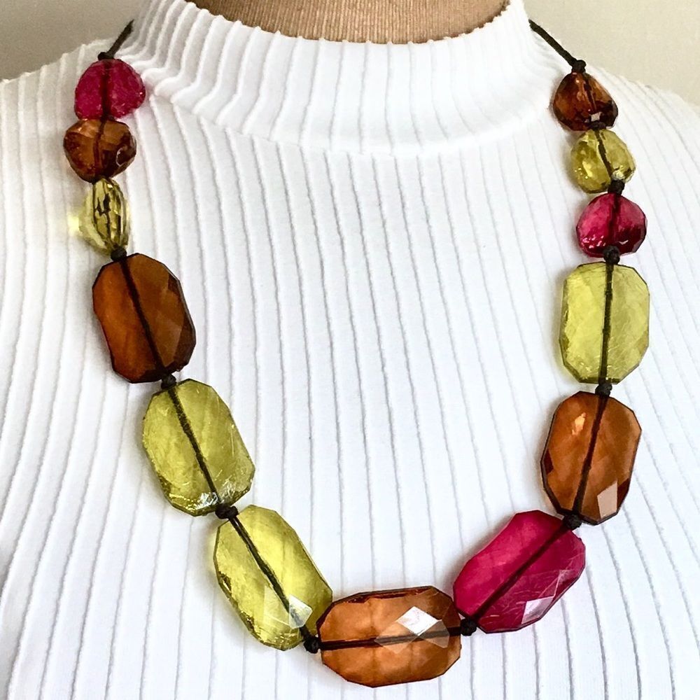 Chunky Chico’s Statement Necklace red pink irange faceted beads 4509